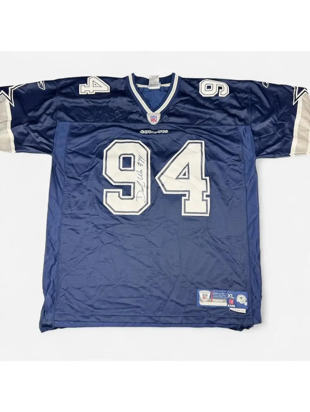 Navy DeMarcus Ware 94 Dallas Cowboys Reebok On Field jersey size XL signed